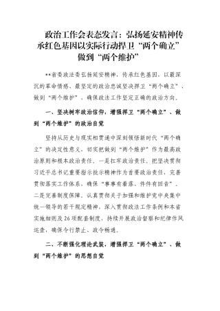 政治工作会表态发言：弘扬延安精神传承红色基因以实际行动捍卫“两个确立”做到“两个维护”