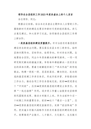 领导在全县组织工作2023年度务虚会上的个人发言