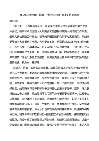 2023年全国两会精神集中学习研讨会讲话（传达贯彻会议）