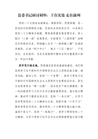 县委书记研讨材料：干在实处 走在前列