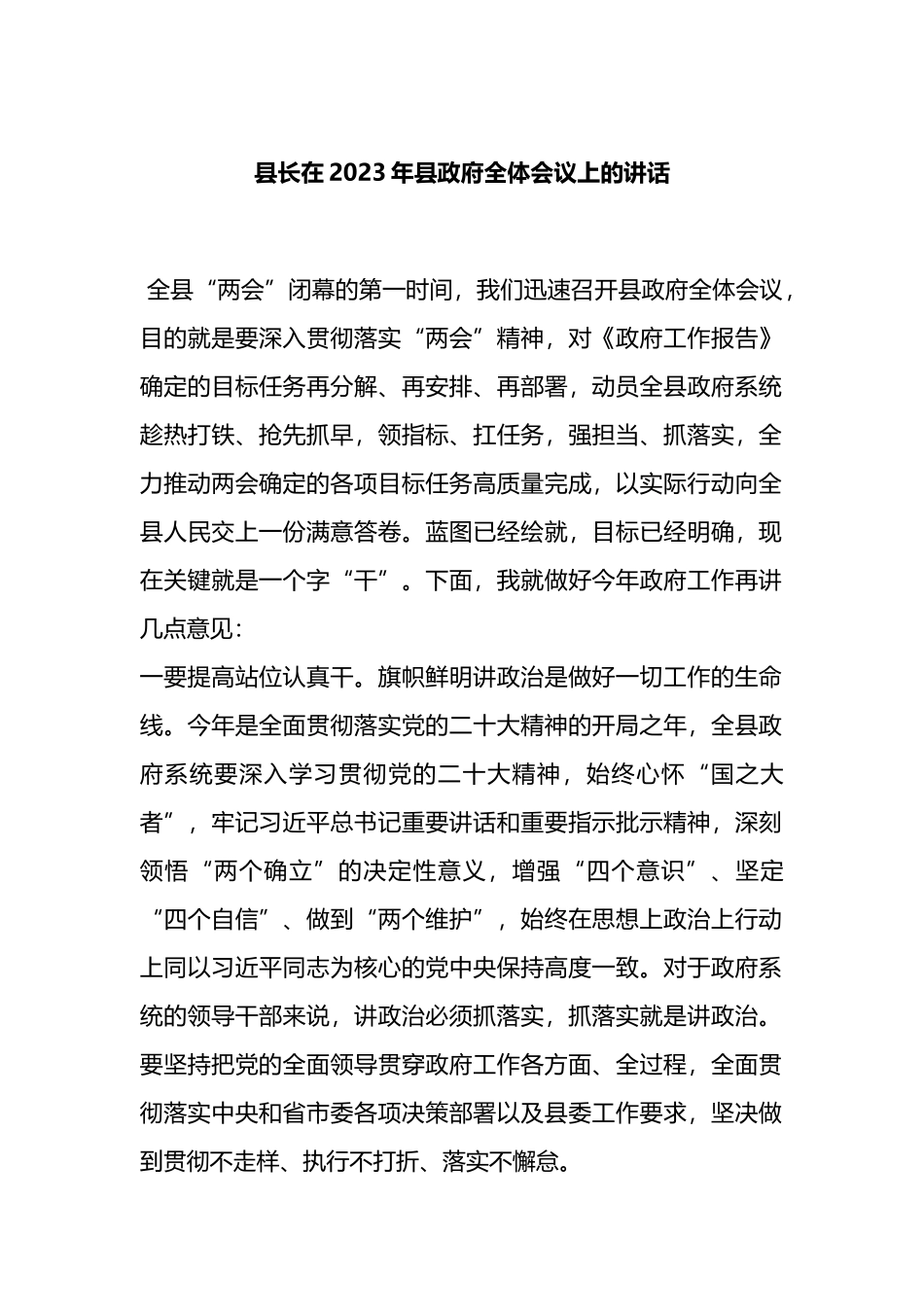 县长在2023年县政府全体会议上的讲话_第1页