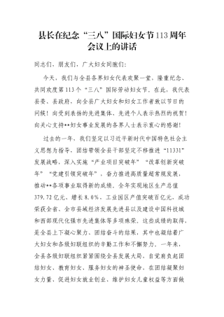 县长在纪念“三八”国际妇女节113周年会议上的讲话