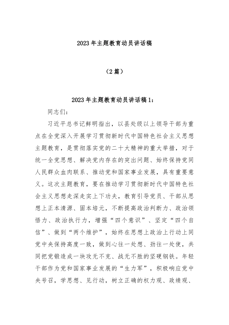 (2篇)2023年主题教育动员讲话稿_第1页