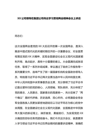 公司领导在集团公司传达学习贯彻两会精神会议上讲话