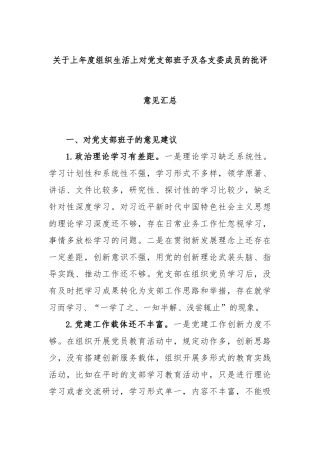 关于2022年度组织生活上对党支部班子及各支委成员的批评意见汇总