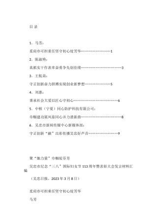 （6篇）吴忠市纪念“三八”国际妇女节113周年暨表彰大会发言材料汇编