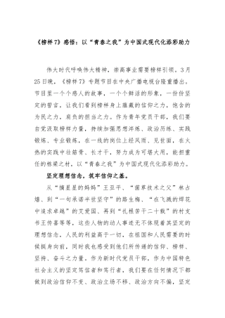 《榜样7》感悟：以“青春之我”为中国式现代化添彩助力