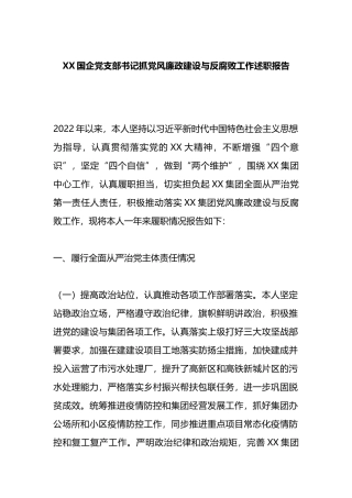 国企党支部书记抓党风廉政建设与反腐败工作述职报告