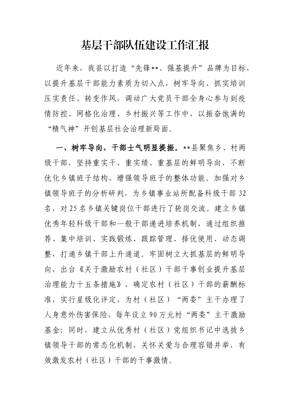 基层干部队伍建设工作汇报_第1页