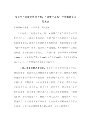 在全市“关爱你我他（她）·温暖千万家”行动推进会上的发言