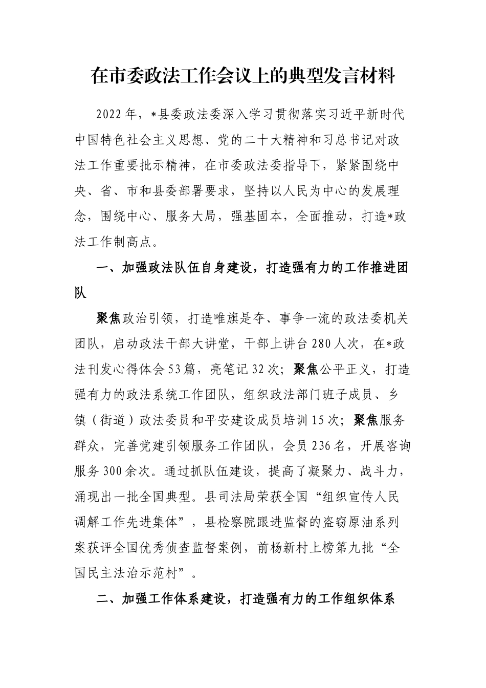 在市委政法工作会议上的典型发言材料_第1页