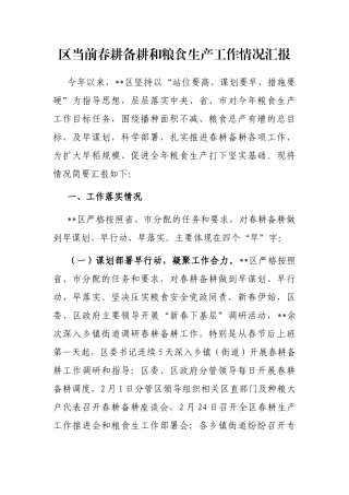 区当前春耕备耕和粮食生产工作情况汇报