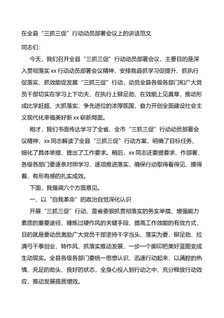 全县三抓三促行动动员部署工作会议讲话学习提升执行落实效能发展