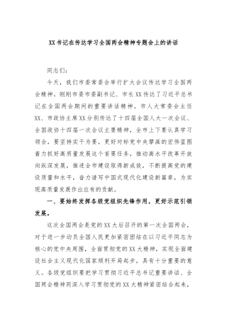 书记在传达学习全国两会精神专题会上的讲话
