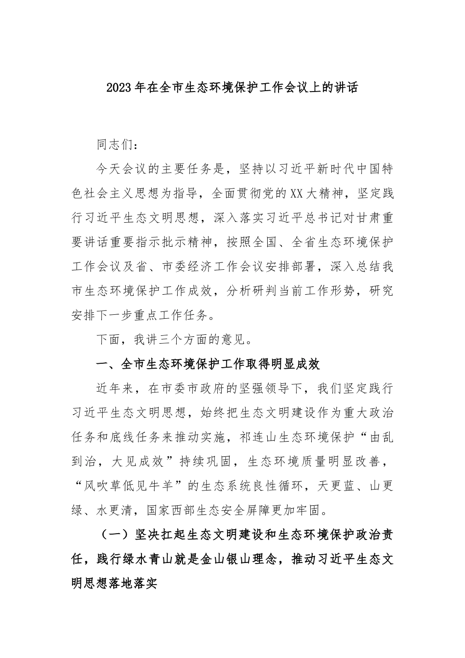 2023年在全市生态环境保护工作会议上的讲话_第1页