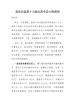 县长在县委十六届五次全会上的讲话