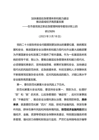 2023年在市县党政正职应急管理网络专题培训班上的研讨材料