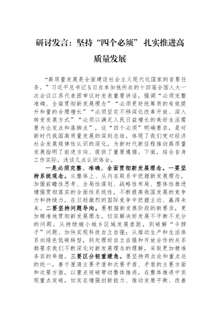 研讨发言：坚持“四个必须”+扎实推进高质量发展