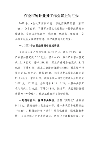 在全市统计业务工作会议上的汇报