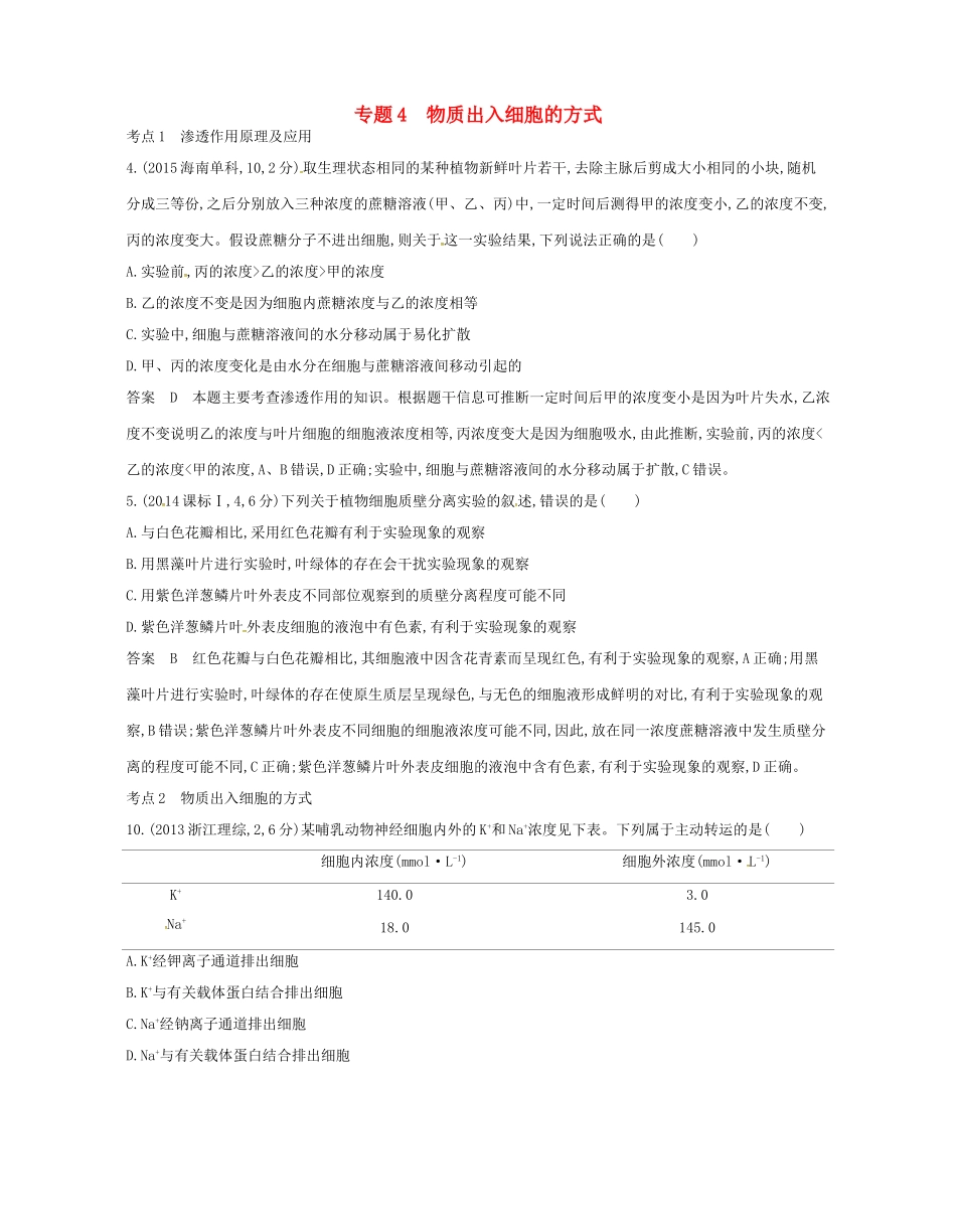 高考生物总复习 专题4 物质出入细胞的方式试题-人教版高三全册生物试题_第1页