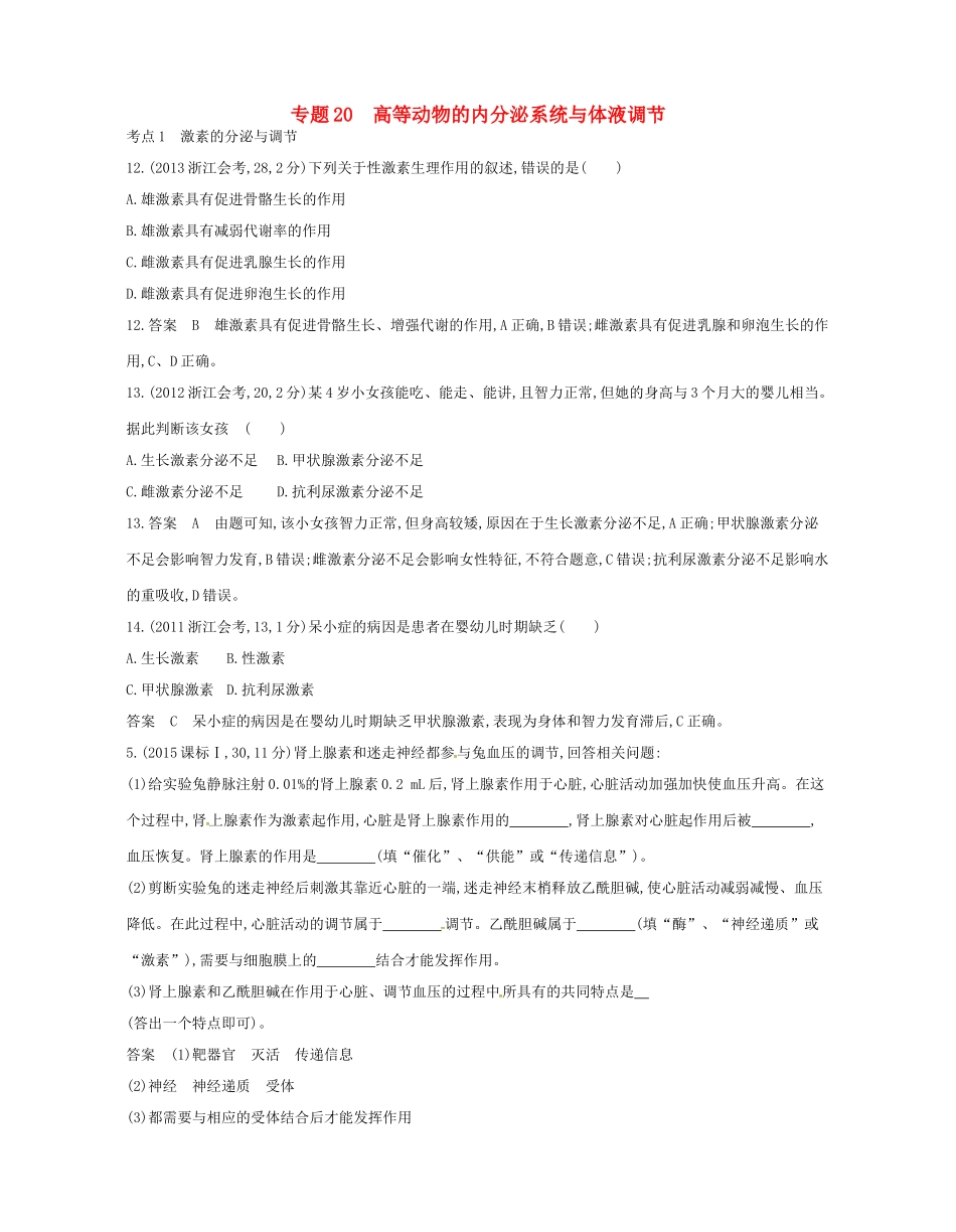 高考生物总复习 专题20 高等动物的内分泌系统与体液调节试题-人教版高三全册生物试题_第1页