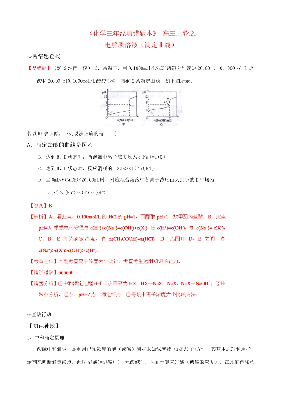 （三年经典错题本）高三化学二轮 电解质溶液-滴定曲线相关（含解析）_第1页