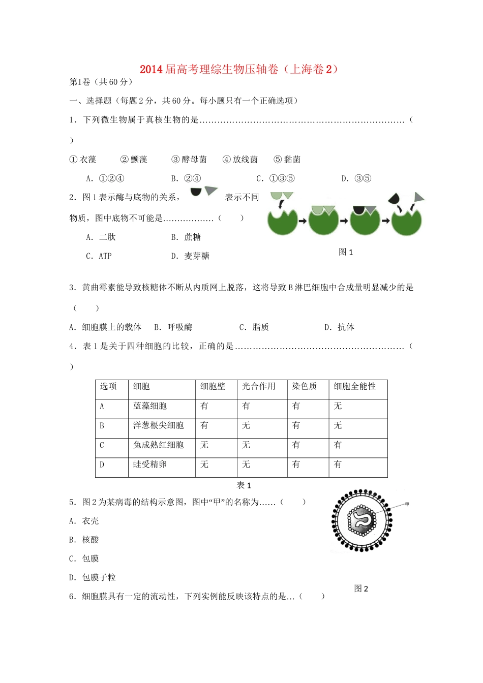 （上海卷）高考理综（生物部分）模拟试题_第1页