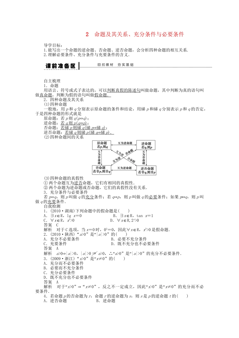 高三数学 复习试题2 命题及其关系、充分条件与必要条件理（含解析）_第1页
