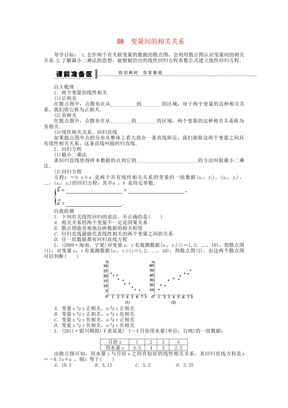 高三数学 复习试题58 变量间的相关关系 理（含解析）_第1页