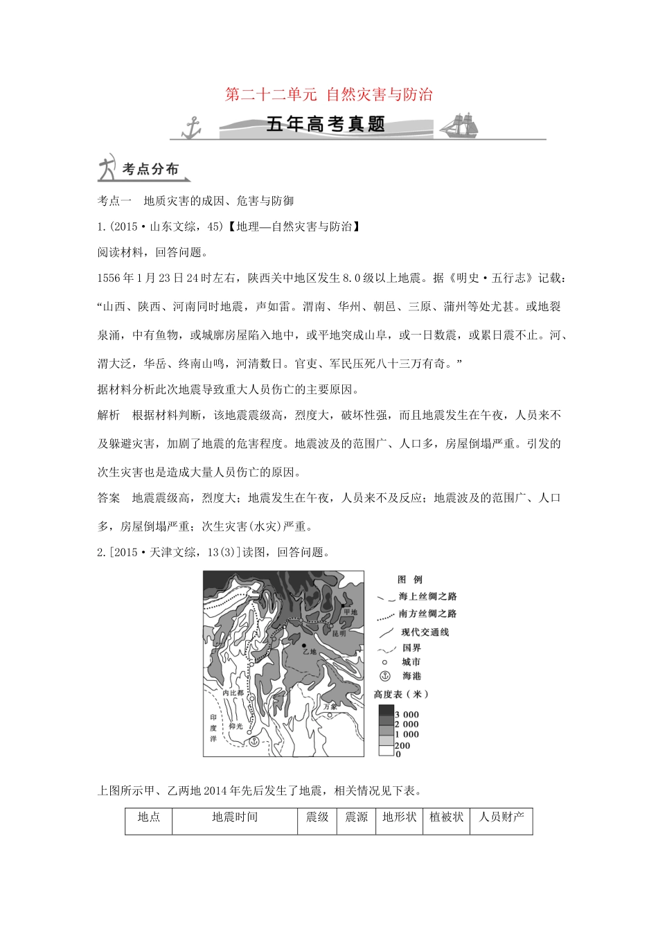 高考地理 第二十二单元 自然灾害与防治试题_第1页