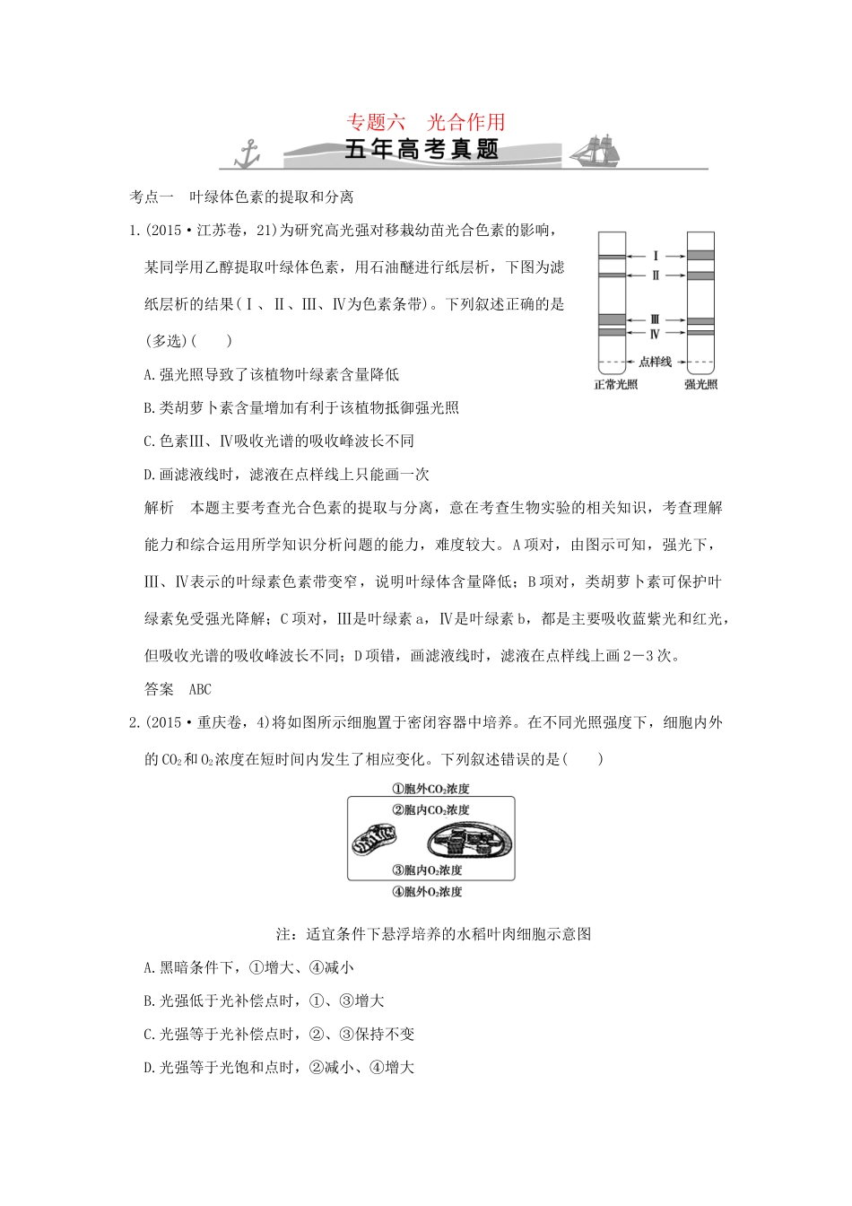 高考生物 第二单元 专题六 光合作用试题_第1页