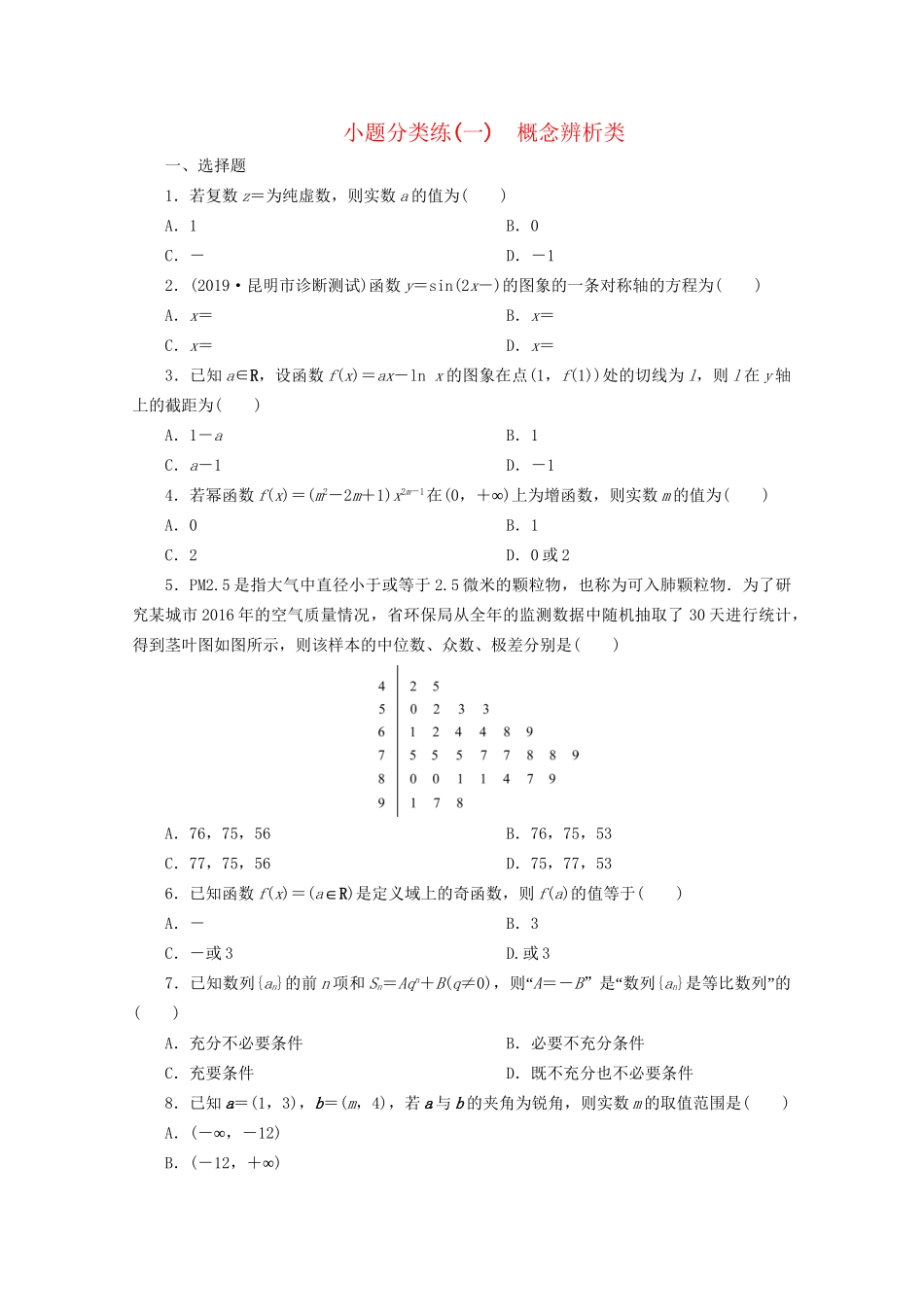 高考数学二轮复习 第一部分 小题分类练 小题分类练（一） 概念辨析类（含解析）试题_第1页