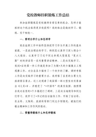 党校教师挂职锻炼工作总结