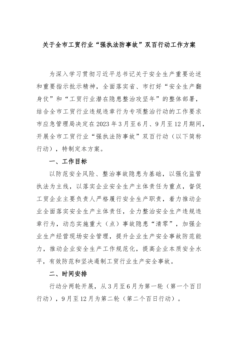 关于全市工贸行业“强执法防事故”双百行动工作方案_第1页