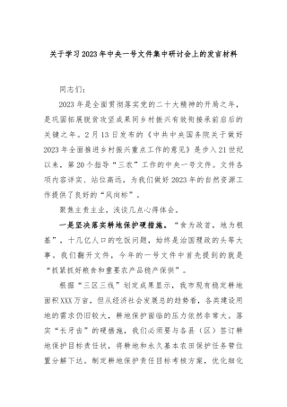 关于学习2023年中央一号文件集中研讨会上的发言材料