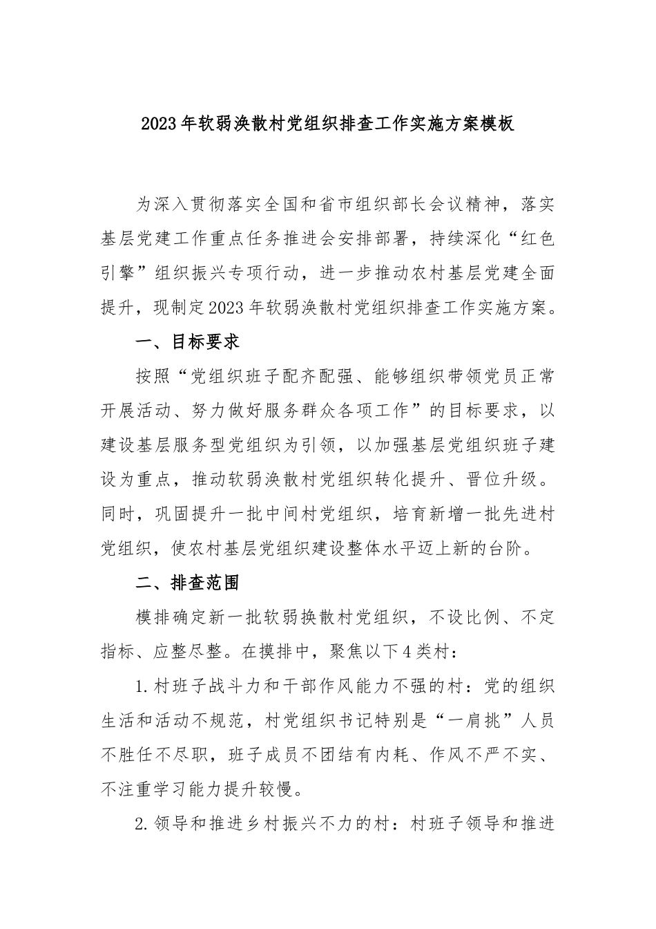 2023年软弱涣散村党组织排查工作实施方案模板_第1页