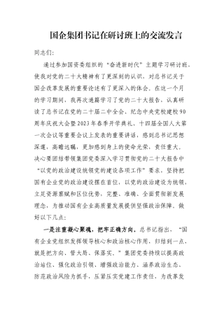 国企集团书记在研讨班上的交流发言