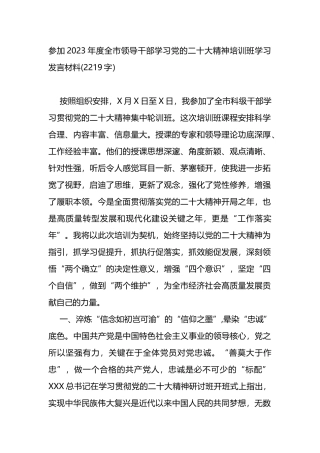 参加2023年度全市领导干部学习党的二十大精神培训班学习发言材料