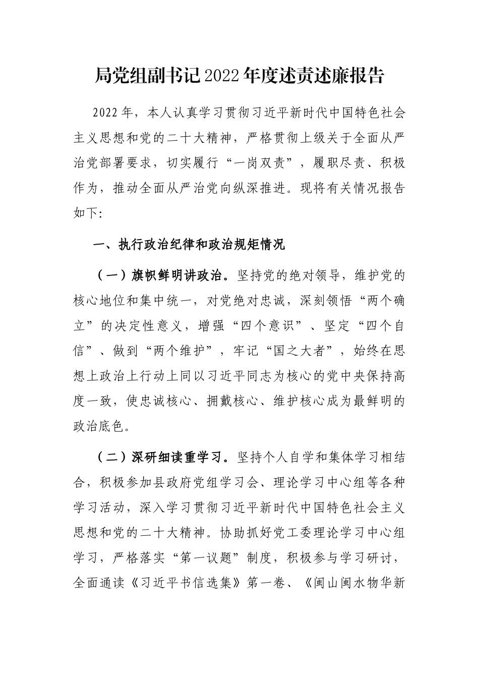 局党组副书记2022年度述责述廉报告_第1页
