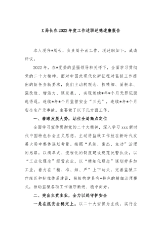 局长在2022年度工作述职述德述廉报告