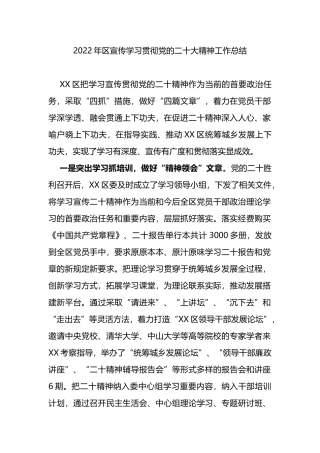 2022年区宣传学习贯彻党的盛会精神工作总结