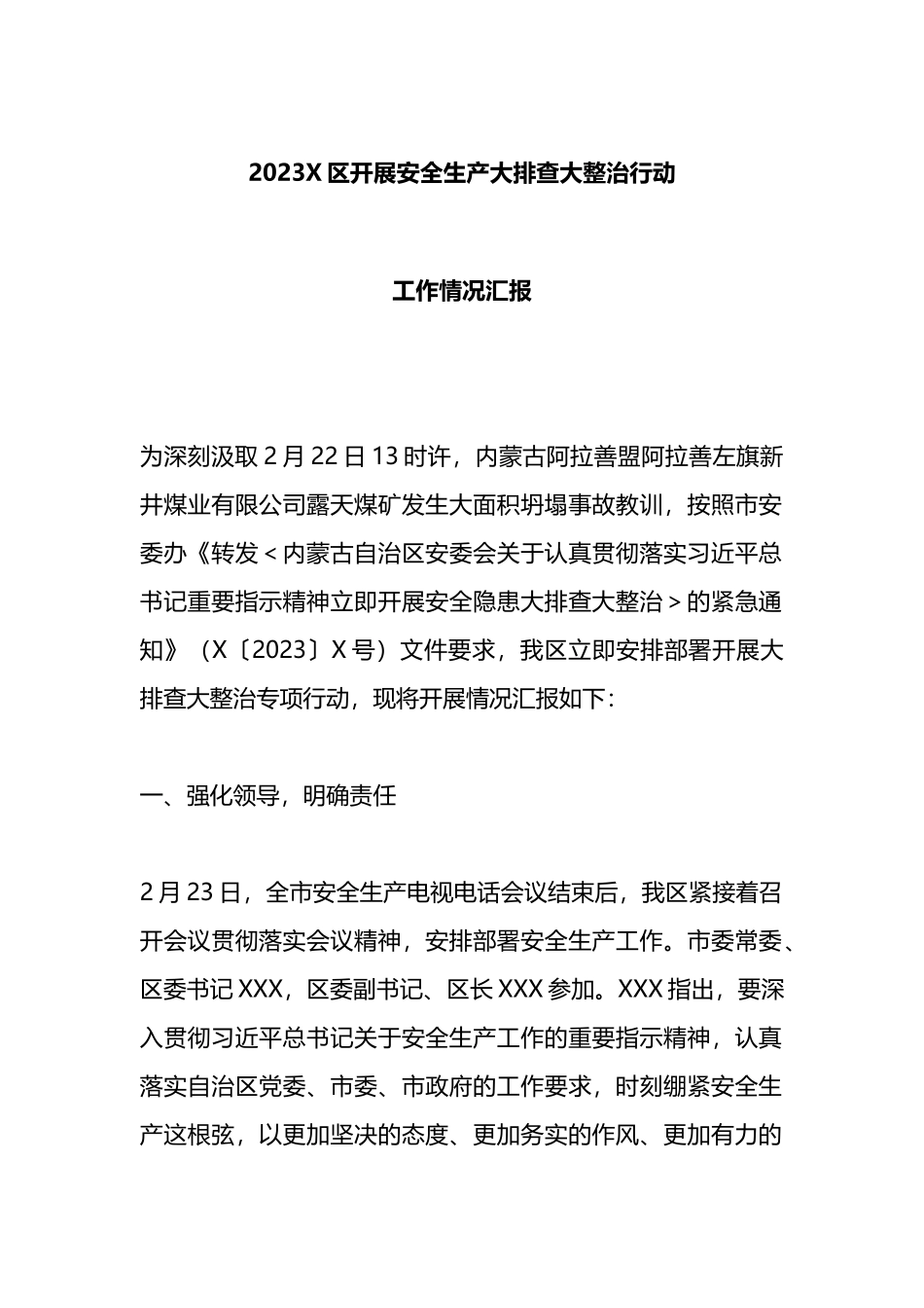 2023X区开展安全生产大排查大整治行动工作情况汇报_第1页