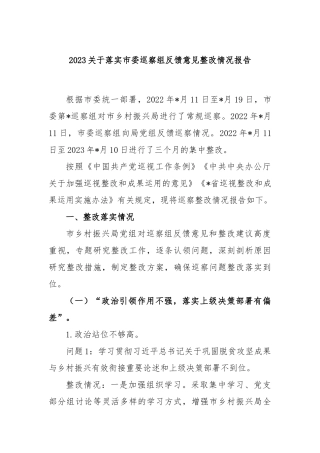 2023落实市委巡察组反馈意见整改情况报告