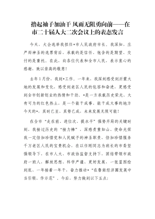 撸起袖子加油干 风雨无阻勇向前——在市二十届人大二次会议上的表态发言