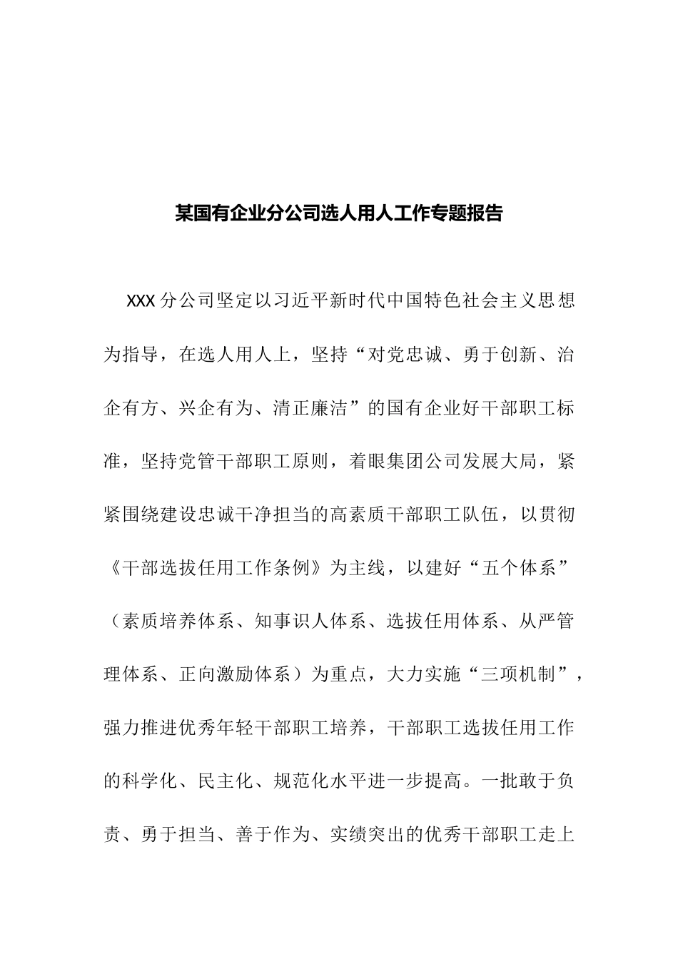某国有企业分公司选人用人工作专题报告_第1页