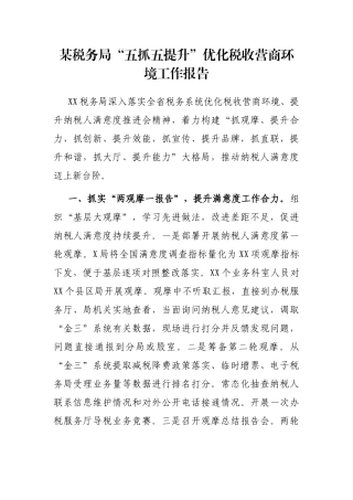 某税务局“五抓五提升”优化税收营商环境工作报告