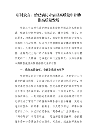 研讨发言：治已病防未病以高质量审计助推高质量发展