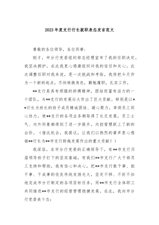 2023年度支行行长就职表态发言范文