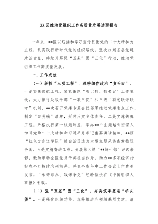 区推动党组织工作高质量发展述职报告