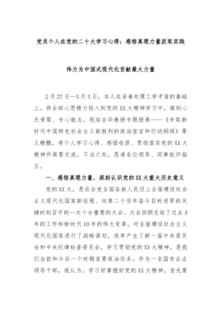 党员个人在党的二十大学习心得：感悟真理力量汲取实践伟力为中国式现代化贡献最大力量